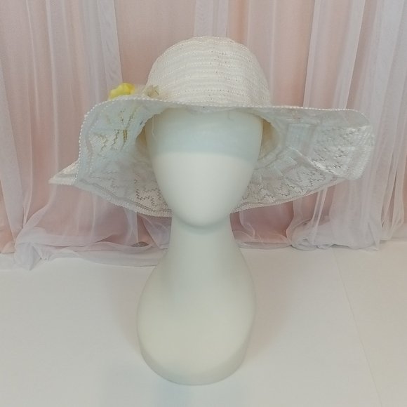 Vintage 80s Womens White and Yellow Wide Brim Sun Hat Summer Travel - Picture 5 of 8